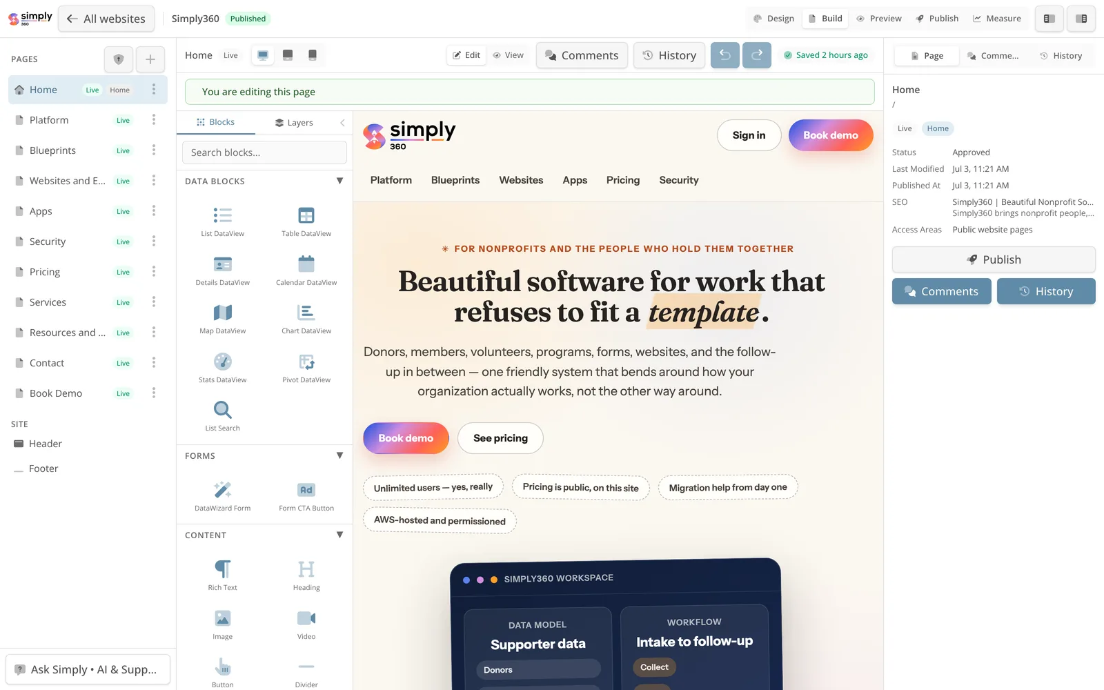 This Simply360 website open for editing in the Website Studio.