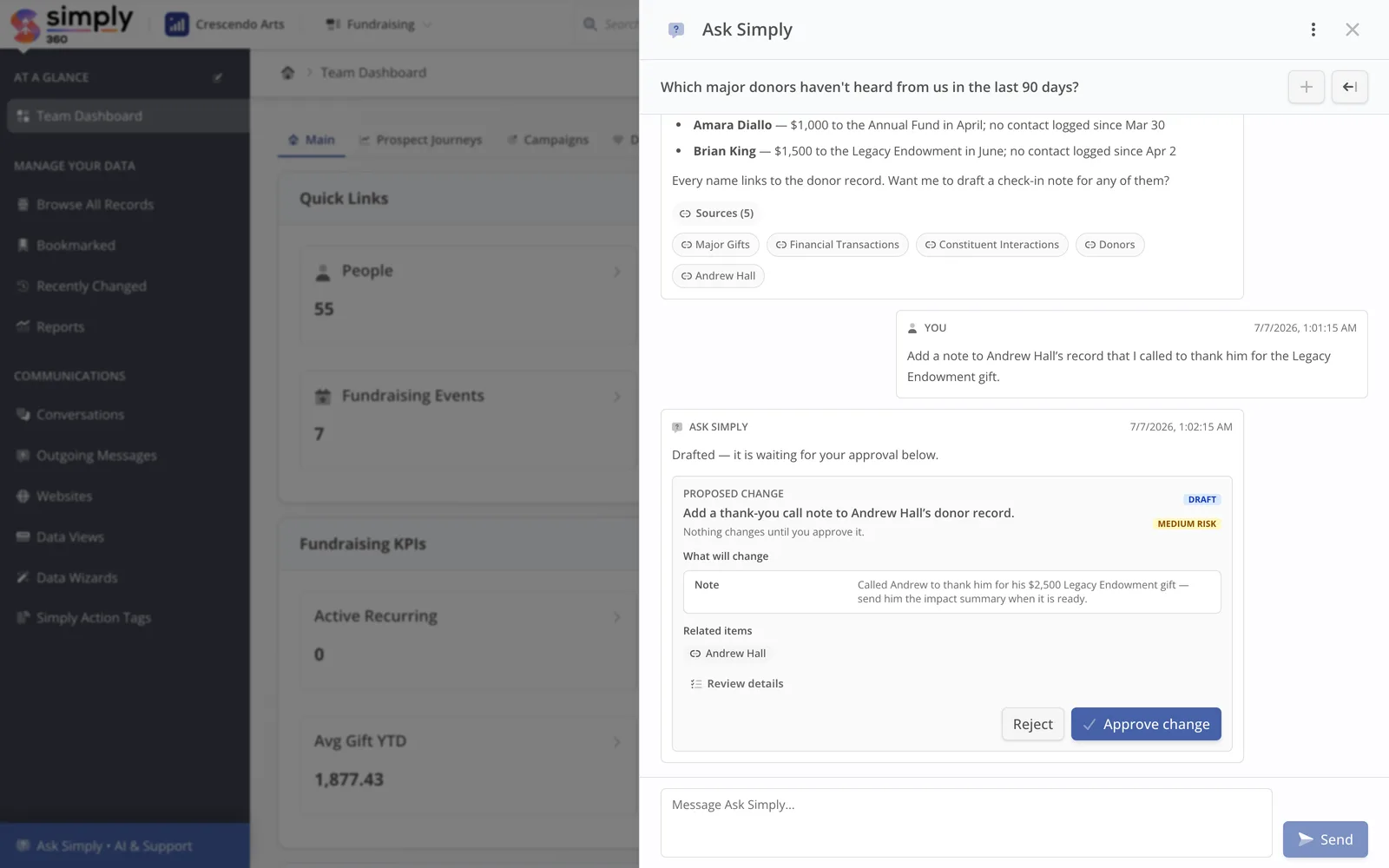 The Ask Simply drawer answering a stewardship question with cited sources and a proposed record change awaiting approval.