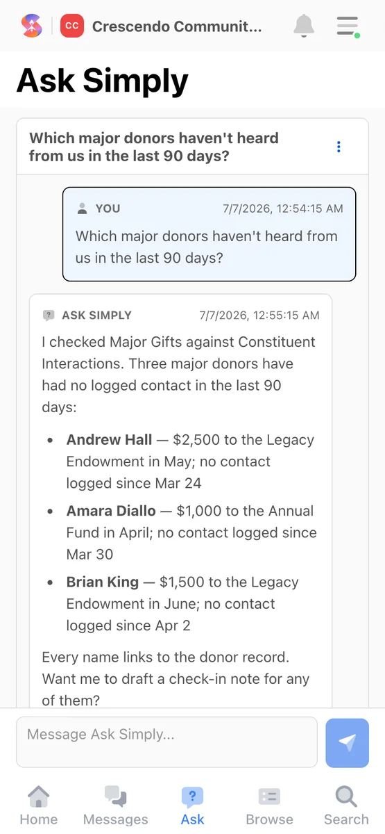 The Ask Simply thread open in the Simply Anywhere mobile app, showing a cited stewardship answer.